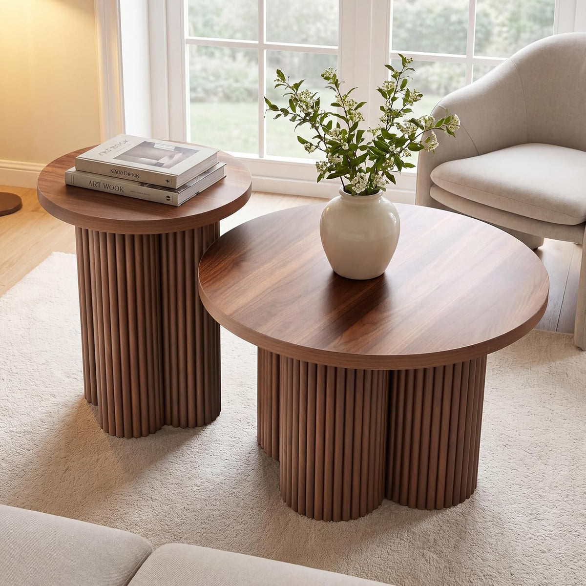 Nesting Coffee Tables Set of 2, Fluted Nesting Tables for Living Room, Multifunctional Round Coffee Table and Side Table Set Wooden Center Tables Small Coffee Table for Small Spaces Balcony