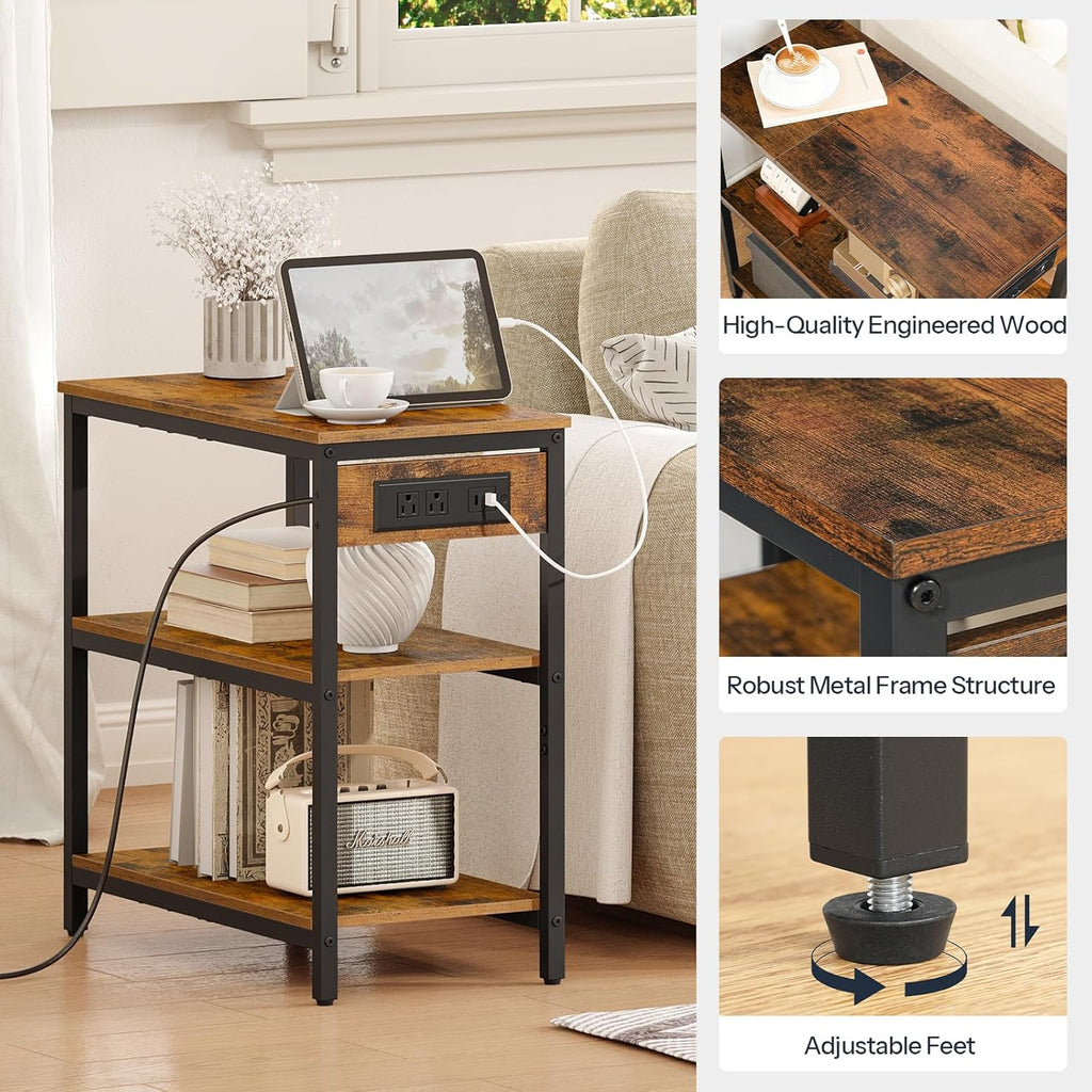 HOOBRO End Table with Charging Station, Side Table with 3 Tier Storage Shelf, Narrow Nightstand for Small Spaces, for Living Room, Bedroom, Easy Assembly, Rustic Brown and Black BF149UBZ01