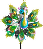 Outdoor Peacock Wind Spinners Featuring Glittering Gem Decor, 13.5" D x 65" H Double Layer Kinetic Wind Sculptures, 360° Rotatable Metal Garden Wind Spinners for Yard and Outdoor Decor Blue