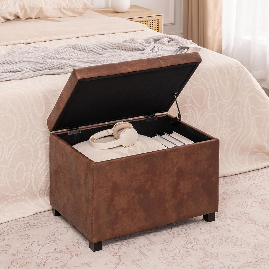 Asense 24-Inch Storage Ottoman Bench,Foot Stool Ottoman with Storage, Faux Leather Upholstered Foot Rest Seat with Safety Hinge,Wood Legs Stool for Living Room, Bedroom,Entryway,Coffee Brown