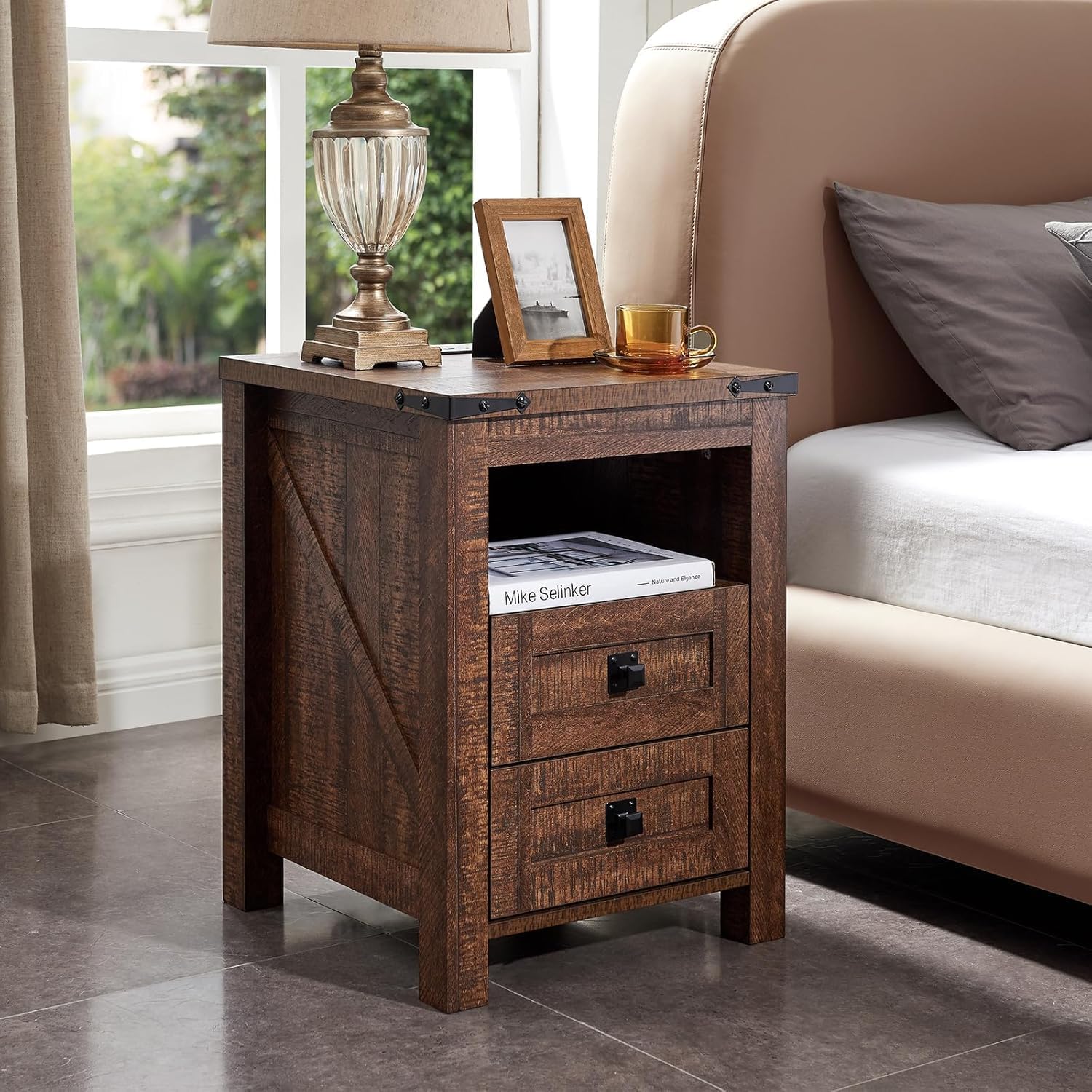 T4TREAM 18" Farmhouse Nightstand Set of 2, Reclaimed Barnwood | Charging Station, Rustic End Table, Open Shelf, 2 Drawers, Living Room, Side Table, Wood Bedside Table, Unique Corner Accent