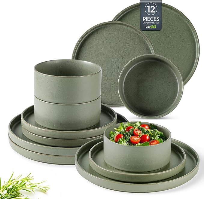 GBHOME Ceramic Dinnerware Sets for 4, Stoneware Plates and Bowls Sets, Chip and Scratch Resistant Dishes, Dishwasher & Microwave& Oven Safe Dishes sets, Reactive Glaze-Green