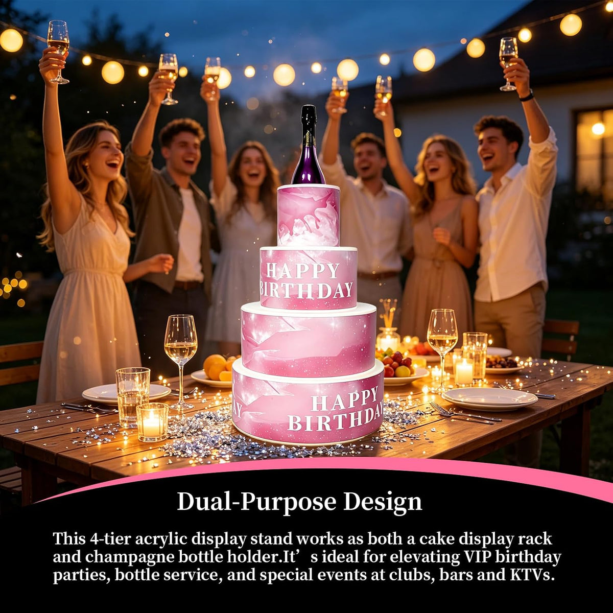 LED 7-Color Cake Tabletop Wine Racks Bottle Presenter with Remote Control, Rechargeable 4000mAh Acrylic Display Stand, for VIP Birthday Party, Bar, KTV Champagne Service(Pink）