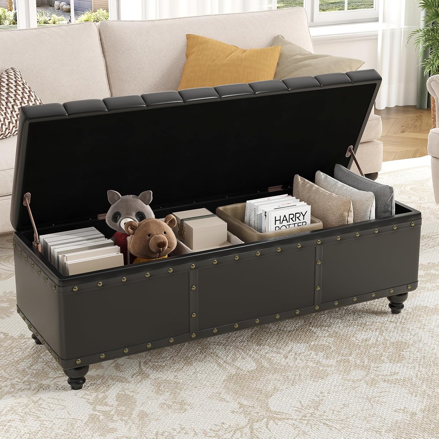 Maupvit Storage Ottoman Bench, Faux Leather Ottoman with Storage, Bench for Bedroom end of Bed, Upholstered Storage Benches for Living Room, Entryway, Hallway, Foot Rest, Black