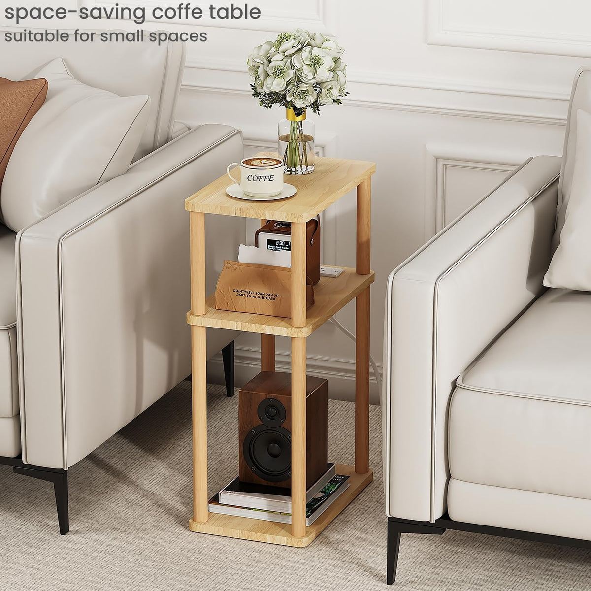 LUCKNOCK Solid Wood Side Table with Charging Station, 3-Tier Small End Table with USB Ports and Outlets, Narrow Couch Side Table, Skinny Nightstand Bedside Table for Small Spaces, Bedroom, Living Room