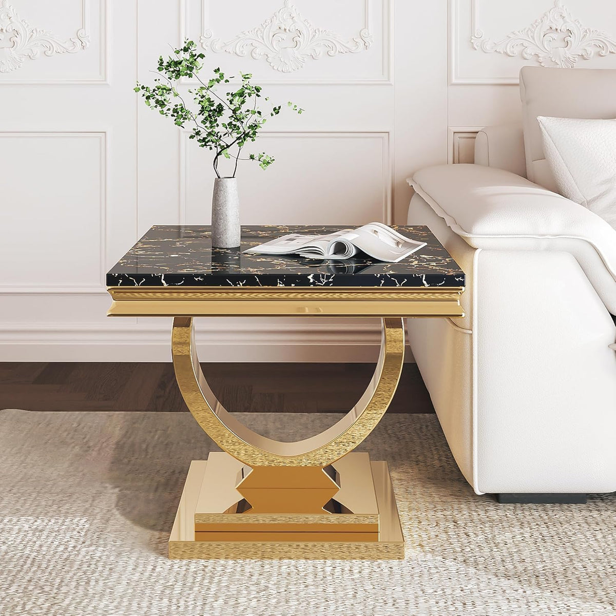 Marble Coffee Table Set of 3, Includes 1 Coffee Table with 2 Square End Side Tables, Luxury 3 Piece Living Room Table Set with Black Faux Marble Tabletop & Gold Stainless Steel Base