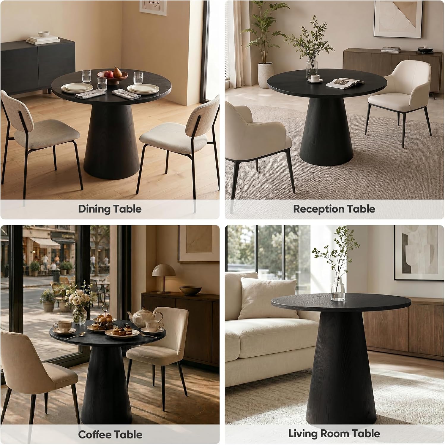 Round Dining Table Wood for 2-4, Modern Farmhouse Kitchen Table | 35'' Small Circle Dining Tables with Pedastal for Kitchen Living Room (Black)