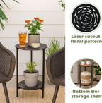 2-Tier Metal Round Side Table Black Accent Coffee Tables Small Space Corner Plant Stand Shelf for Indoor Outdoor Use Patio Balcony End Table Laser-Cut Floral Pattern Weather-Resistant