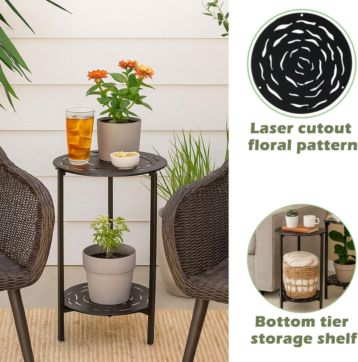 2-Tier Metal Round Side Table Black Accent Coffee Tables Small Space Corner Plant Stand Shelf for Indoor Outdoor Use Patio Balcony End Table Laser-Cut Floral Pattern Weather-Resistant