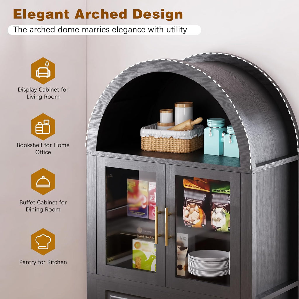 71" Tall Arched Kitchen Pantry with Glass Door, Farmhouse Storage Cabinet with Adjustable Shelves & Barn Door for Kitchen, Living Room, Dining Room, Black