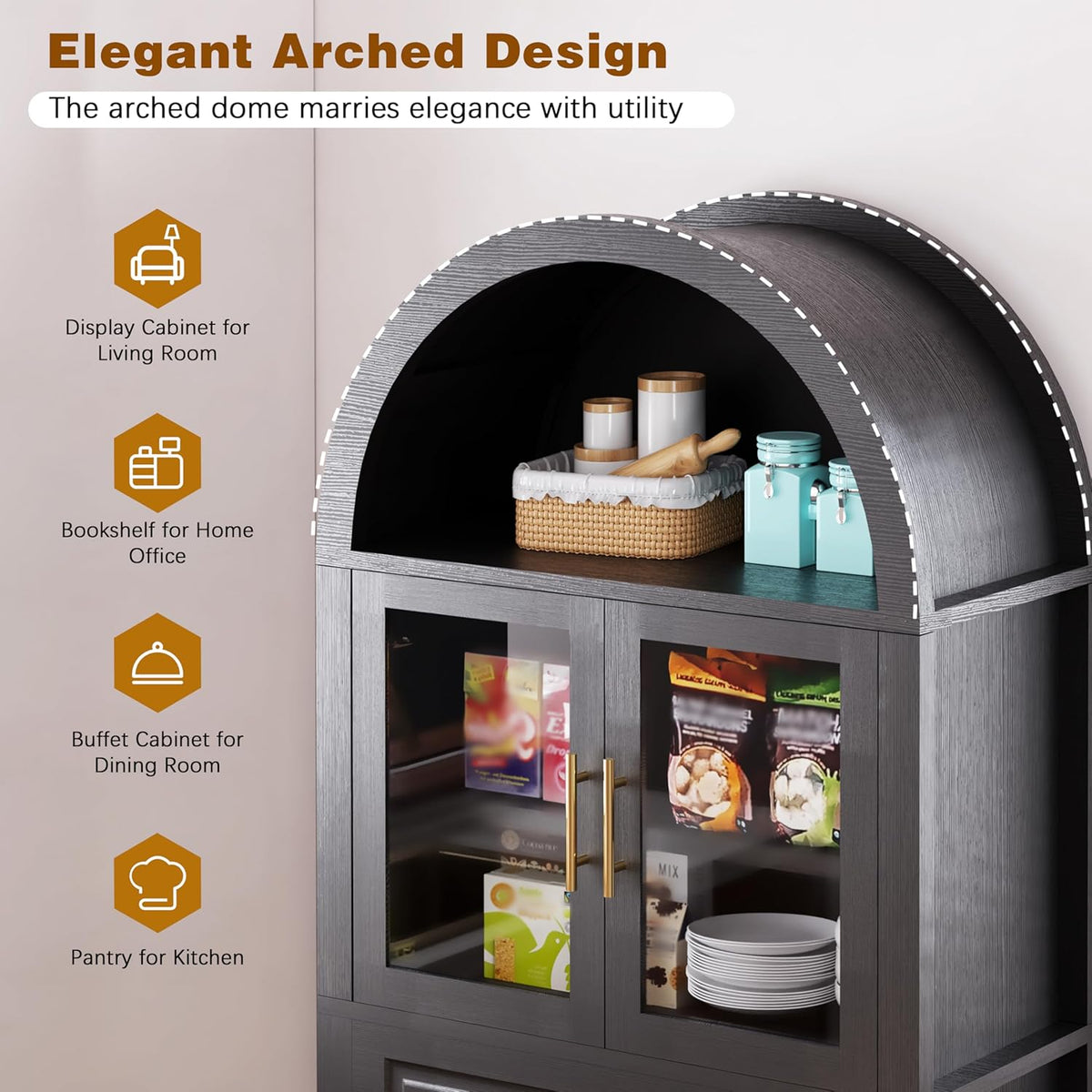 71" Tall Arched Kitchen Pantry with Glass Door, Farmhouse Storage Cabinet with Adjustable Shelves & Barn Door for Kitchen, Living Room, Dining Room, Black