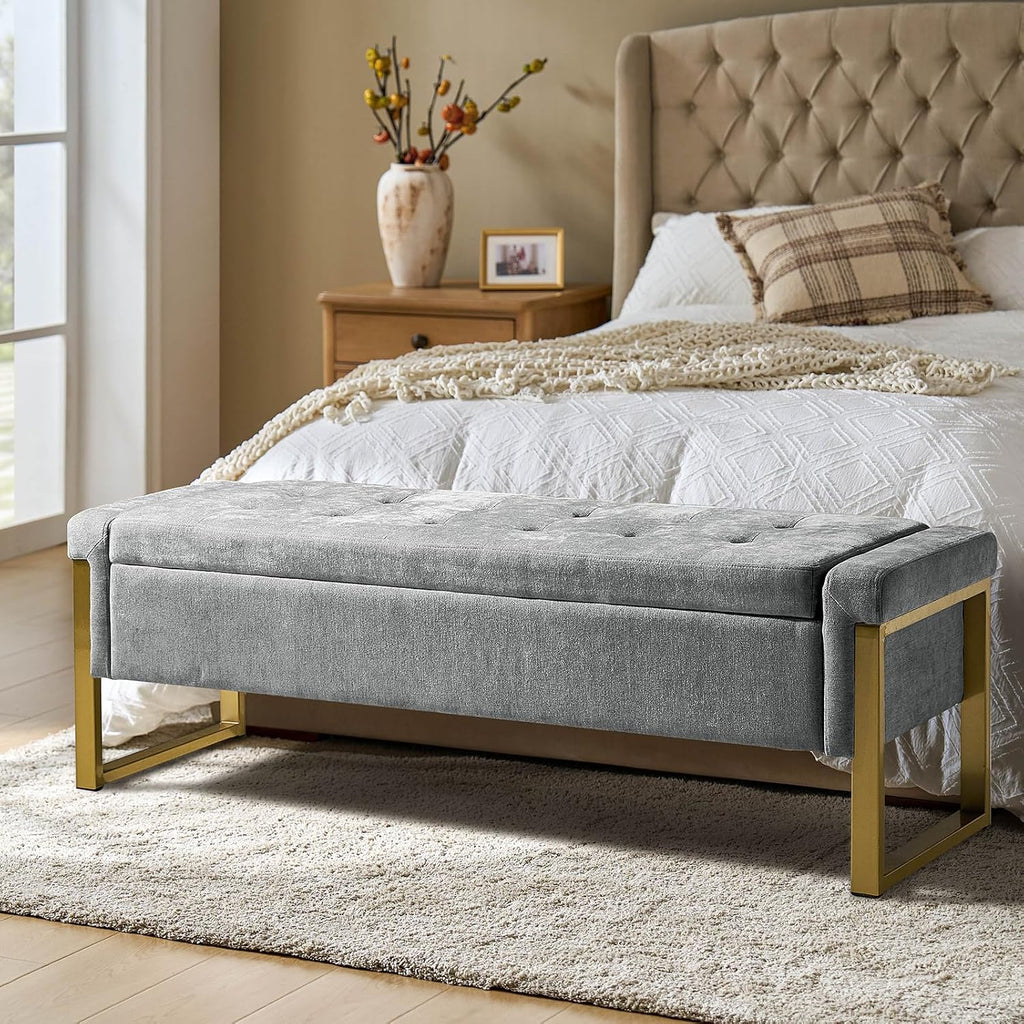 Modern Storage Ottoman Bench with Gold Metal Legs Upholstered Footrest End-of-Bed Bench with Hidden Storage, Hallway and Entryway Grey