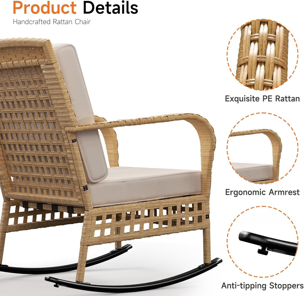DECMICO Outdoor Rocking Chair Set, 3-Piece Wicker Patio Furniture | Elegant Wicker Style | Comfortable Cushions | Stable Frame Construction | Balcony & Garden Ready