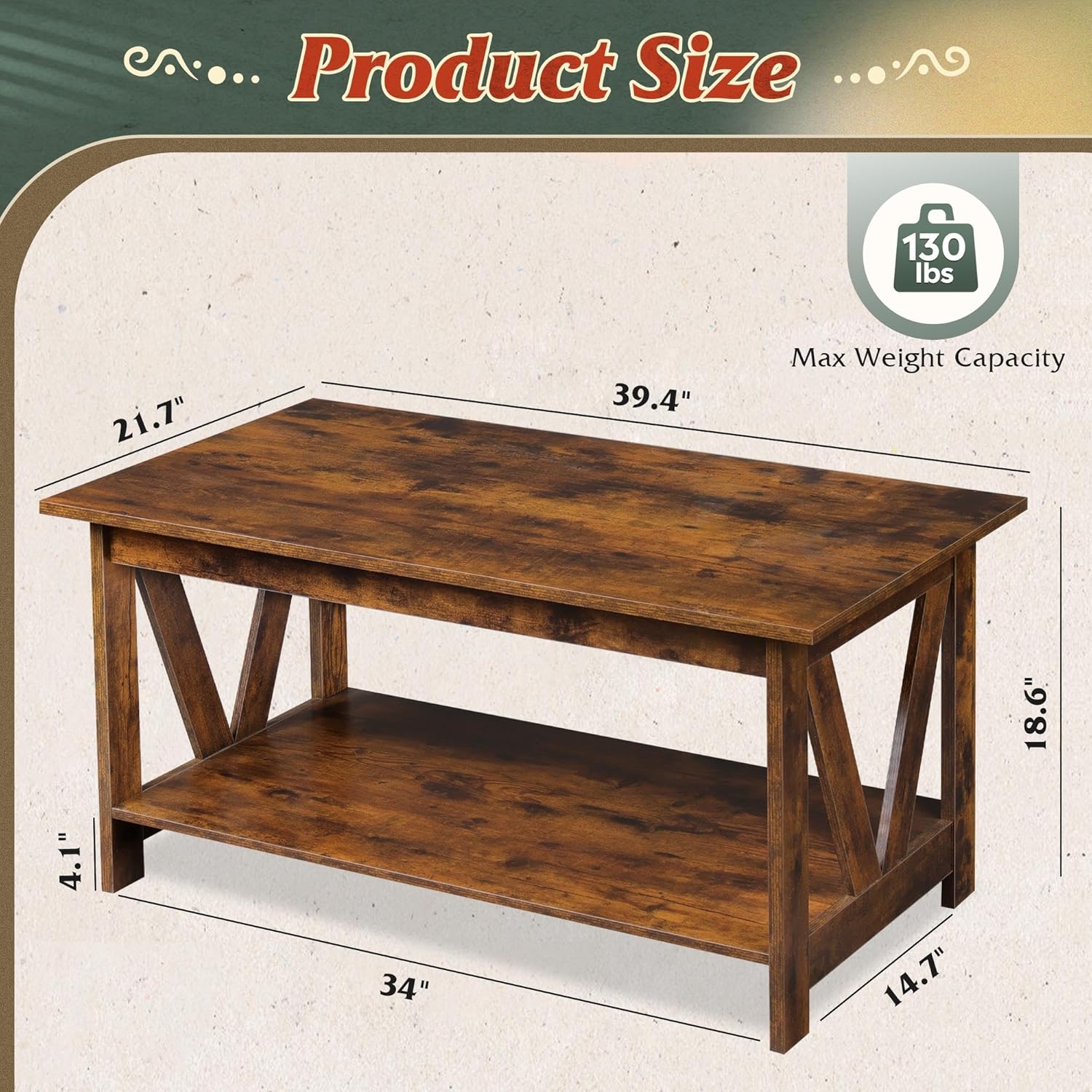 WLIVE 39.4" Farmhouse Coffee Table, Wood Center Table Storage Dark Brown