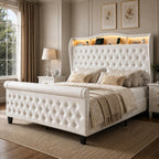 King Size Bed Frame with 51.2" Tall Lighted Storage Headboard and Charging Station, Velvet Upholstered Tufted Wingback Platform Bed with Footboard, No Box Spring Needed, Noise-Free