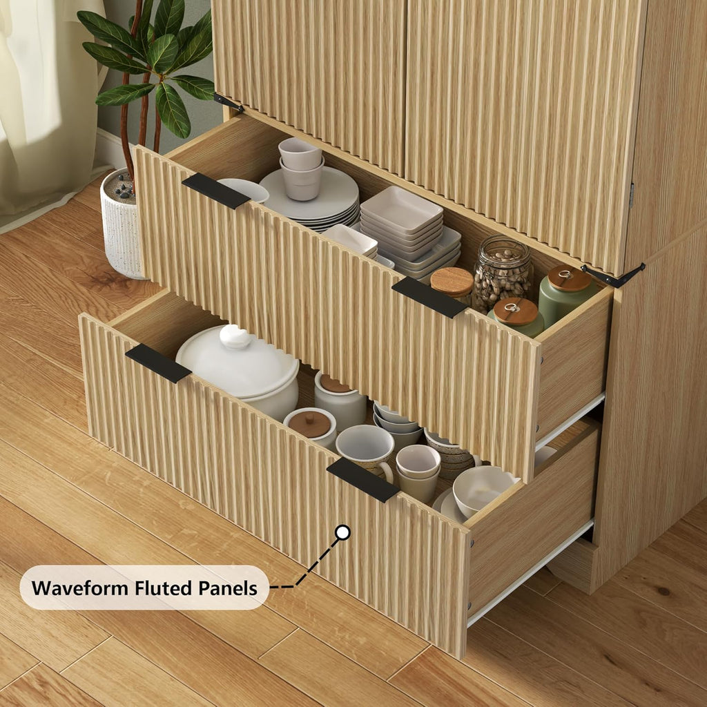 71" Tall Fluted Kitchen Pantry Storage Cabinet with 2 Drawers & 7 Door Shelf,Modern Kitchen Hutch Cabinet with Adjustable Shelves,Wood Food Pantry w/Wine Rack & Glass Holder,Cupboard for Dining Room