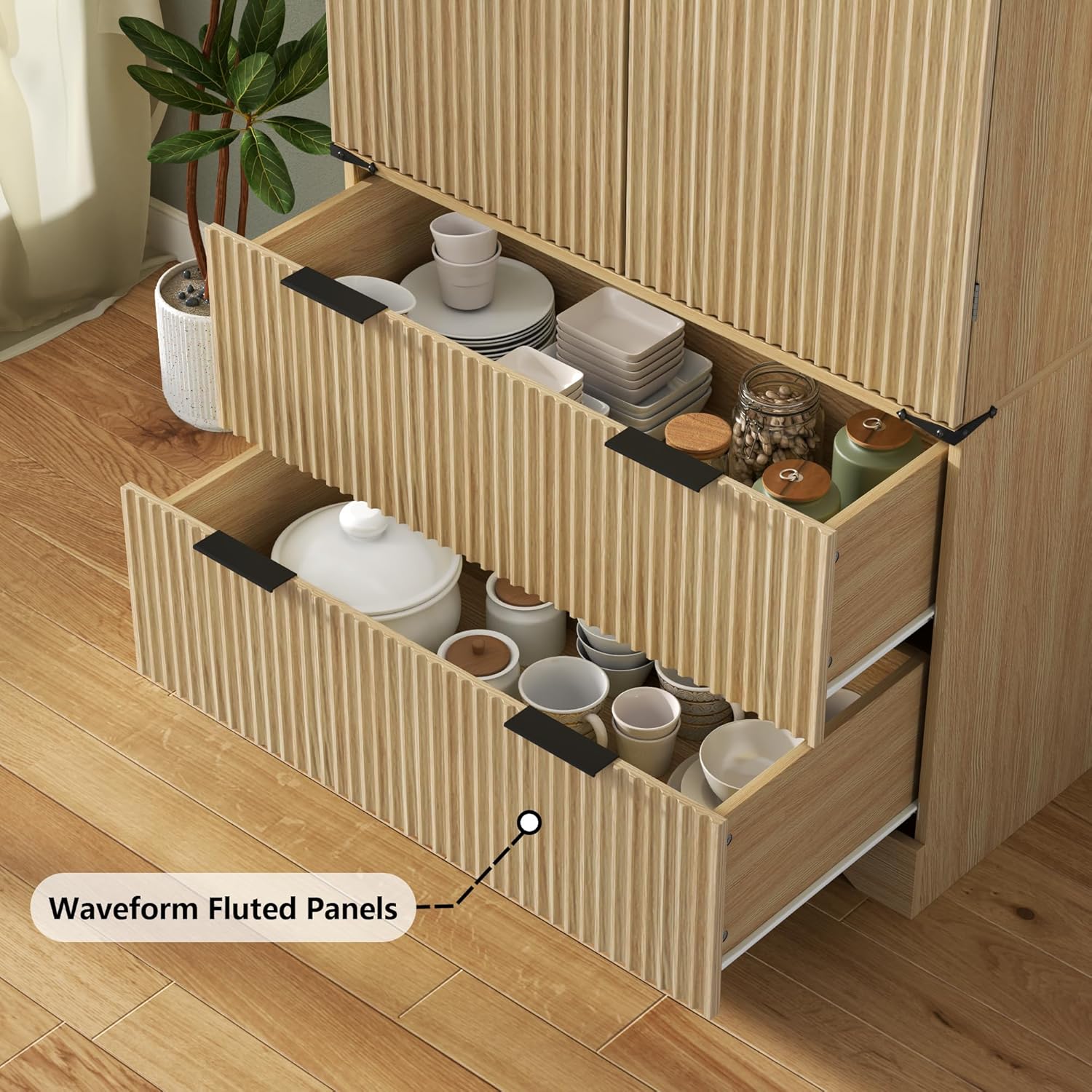 71" Tall Fluted Kitchen Pantry Storage Cabinet with 2 Drawers & 7 Door Shelf,Modern Kitchen Hutch Cabinet with Adjustable Shelves,Wood Food Pantry w/Wine Rack & Glass Holder,Cupboard for Dining Room