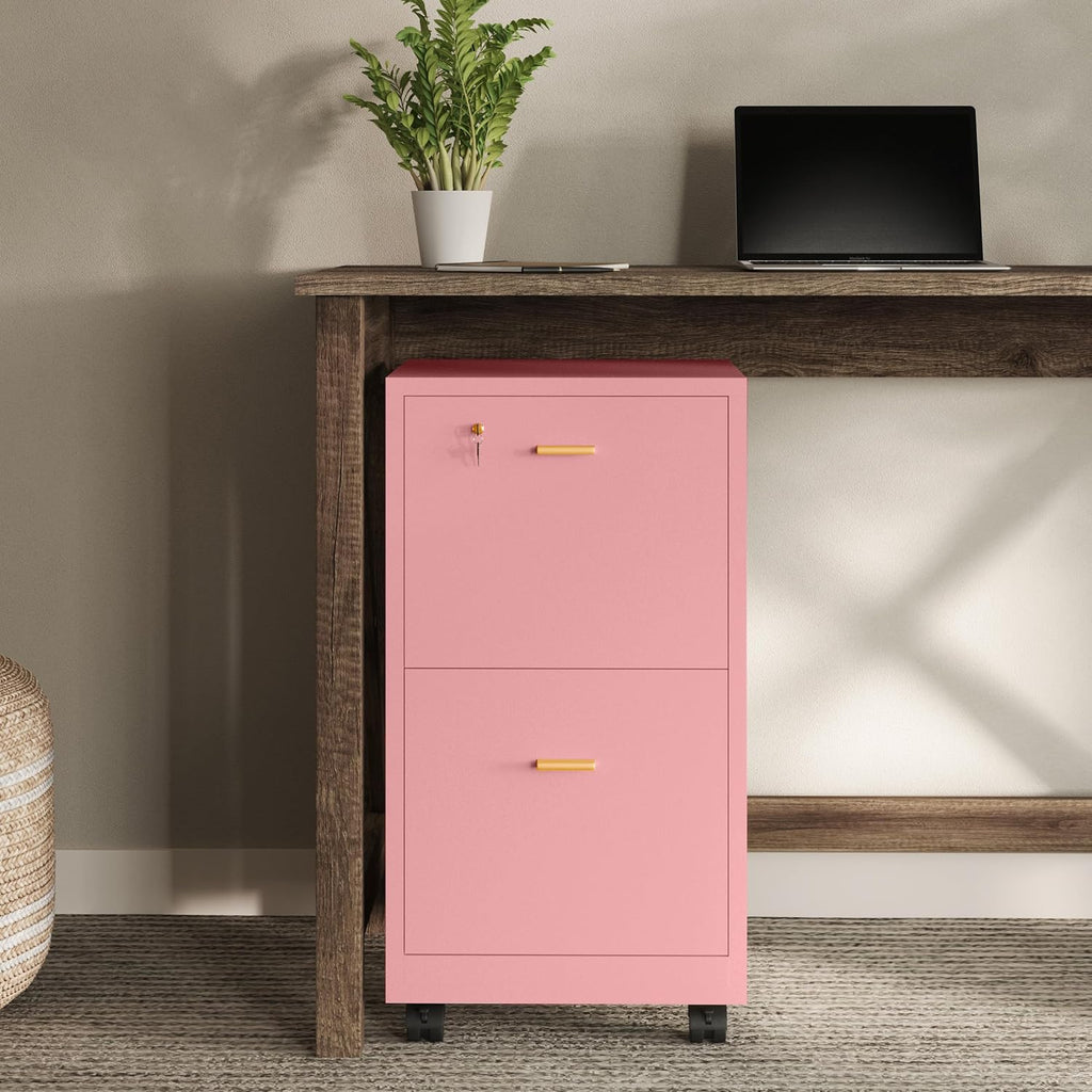 Lavish Home 2-Drawer Wooden File Cabinet with Lock, Pink, 16” x 27” | Rolling Filing Organizer with Deep Drawer Storage for Under the Desk, Home, or Office