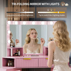 Corner Vanity Desk with LED Mirror, Power Outlet and 3 Light Modes - Pink | SKKTKT Makeup Vanity Set - Storage Drawers, Matching Chair and Corner Design for Bedroom