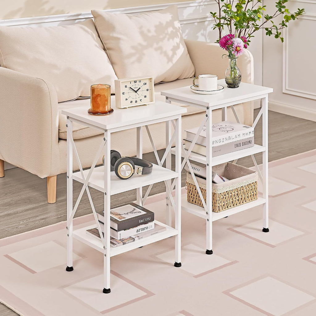 VECELO End Side Table Night Stand Set of 2,X-Design with Storage Shelf for Bedroom,Living Room,White