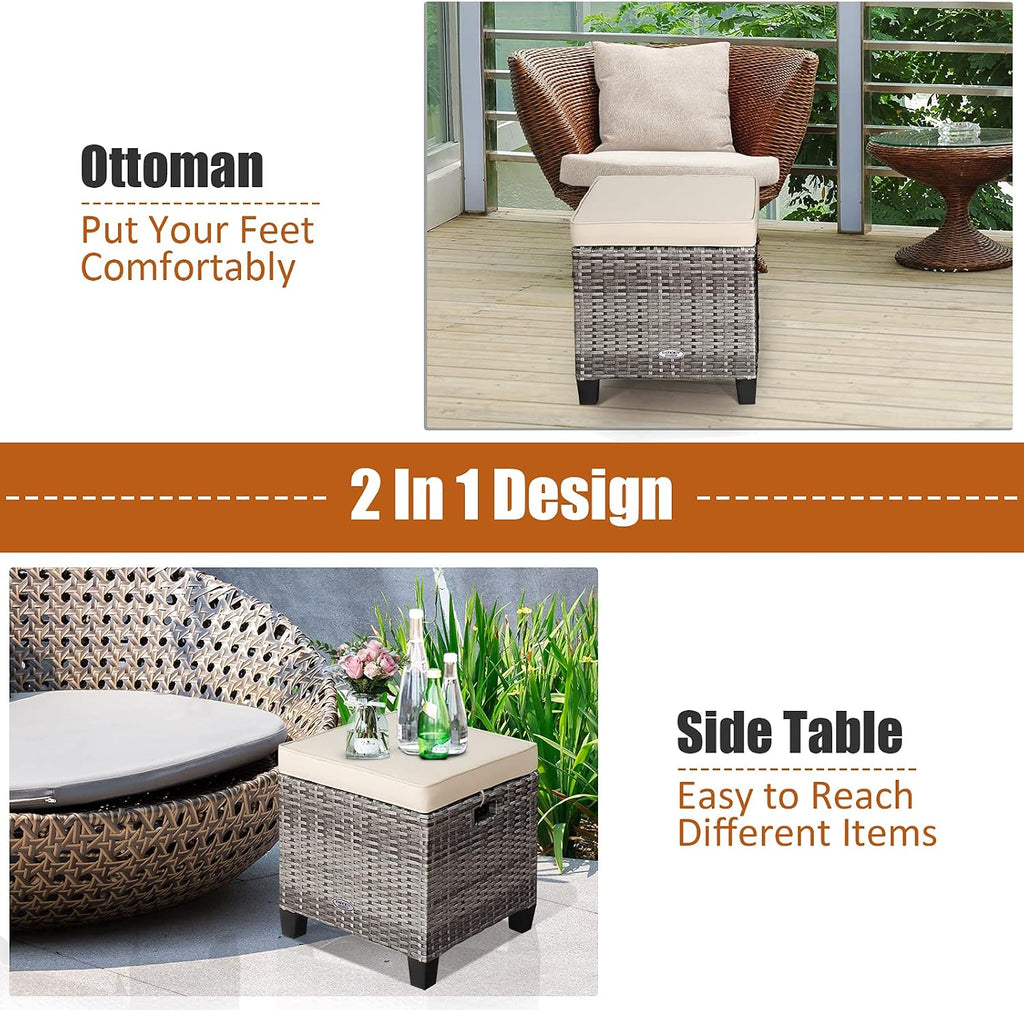 LDAILY Moccha 2 Pieces Patio Outdoor Ottoman, All Weather Rattan Patio Ottoman Set w/Removable Cushions, Footrest Seat Outdoor Footstool (Mix Grey + White)