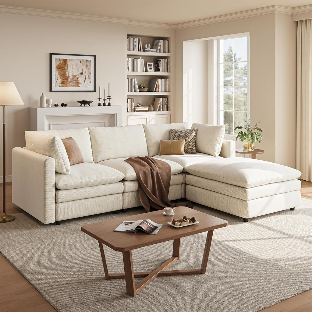 97" Cloud Couches for Living Room, 29.1" Deep Seat Modular Sectional Sofa, L Shaped Cloud Sofa with One Movable Ottoman