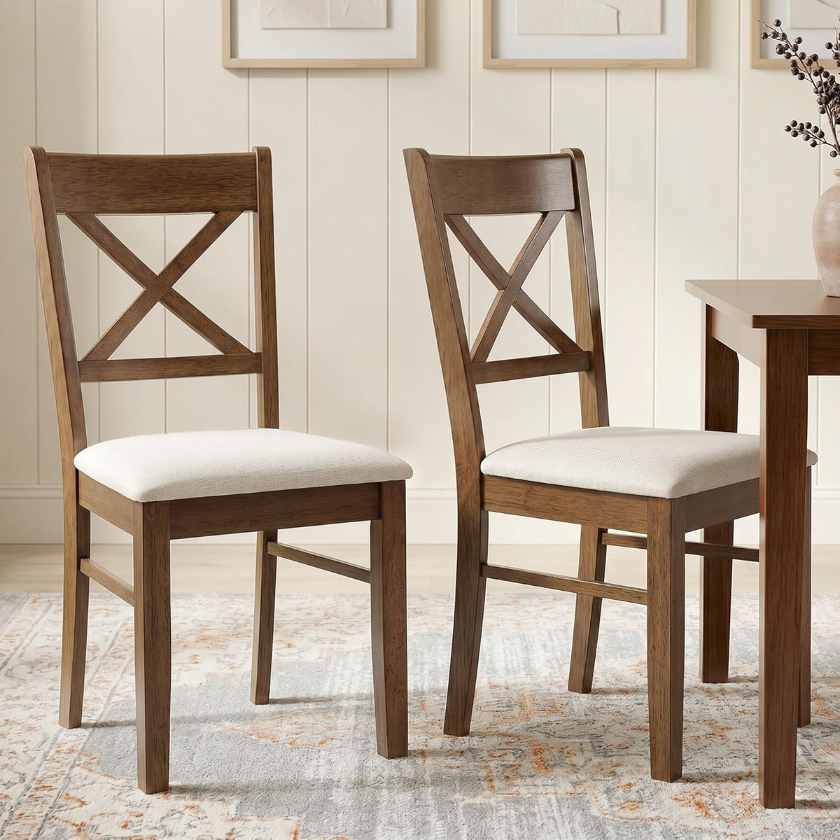 HOMCOM Dining Chairs Set of 2, Upholstered Kitchen Chairs with Rubberwood Frame, Padded Seat and Cross Back for Living Room, Dining Room, Kitchen, Walnut