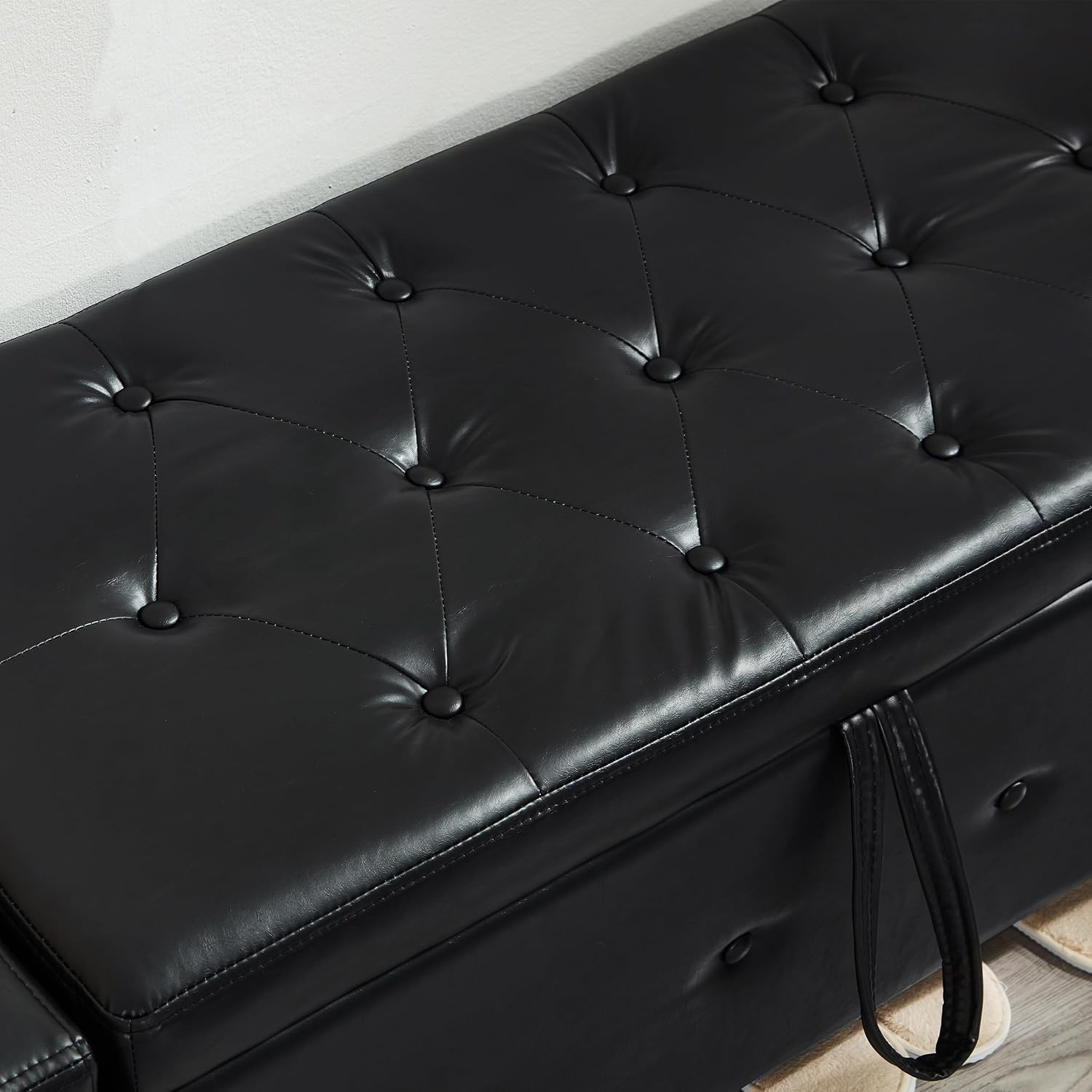 Betoko PU Leather Ottoman Bench with Storage,48" Mid Century Modern Storage Bed Bench for Bedroom,Button Tufted Ottoman Benches with Seating for Living Room,Entryway,Window (New PU Black)