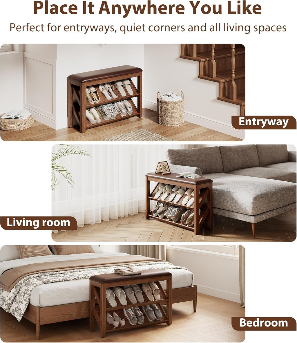 AQIMUELE Rubberwood Shoe Bench with Leather Cushion and Slanted Shelves | Solid Wood Shoe Storage Bench with 2 Tier Shelves and Anti-slip Foot Pads,Shoe Rack for Entryway,Hallway,Living Room,Walnut
