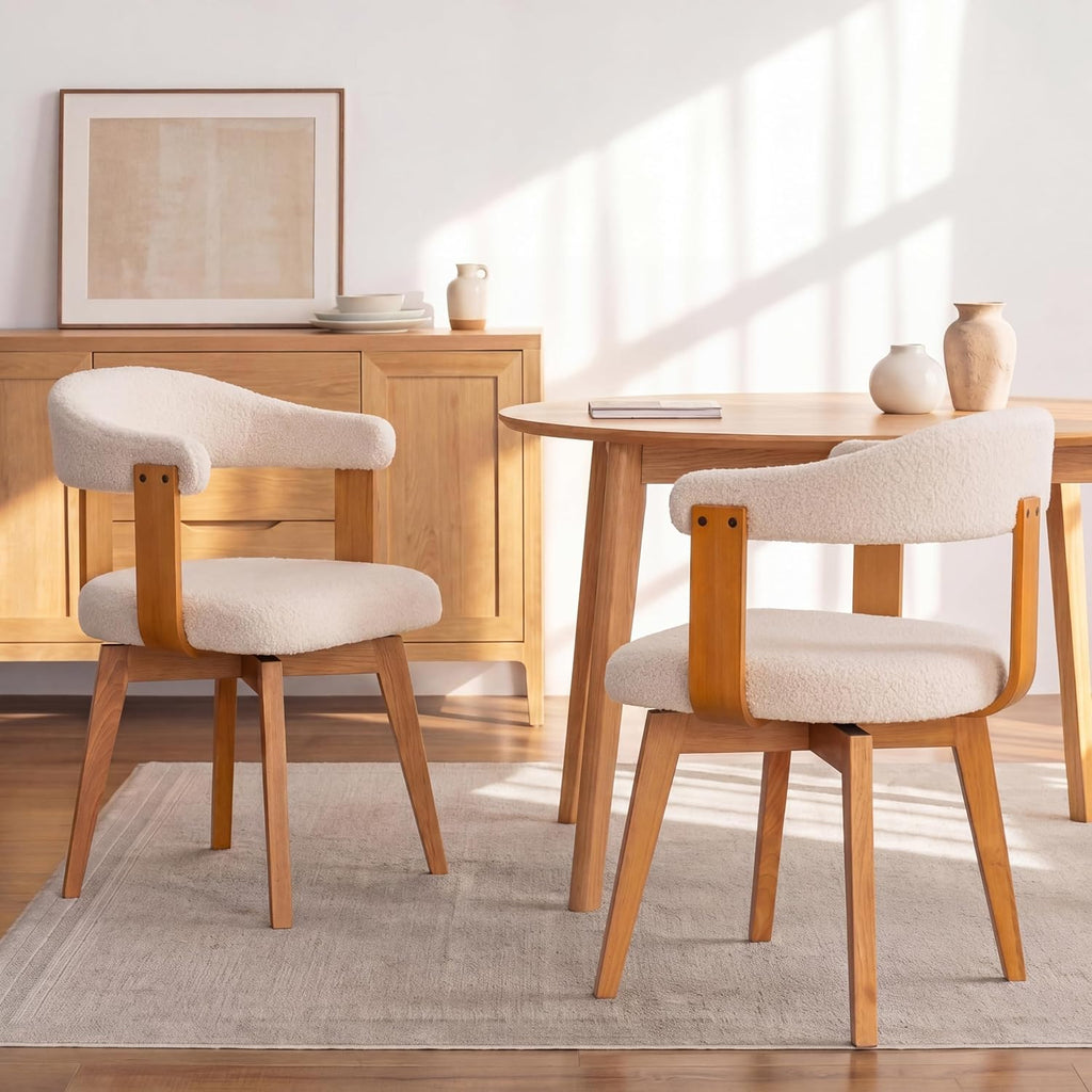 EYYTHUNG Swivel Dining Chairs Set of 2, Mid Century Modern Boucle Dining Chairs with Arms and Wood Legs,Upholstered Kitchen Chairs for Kitchen, Dining Room, Living Room, White and Dark Oak