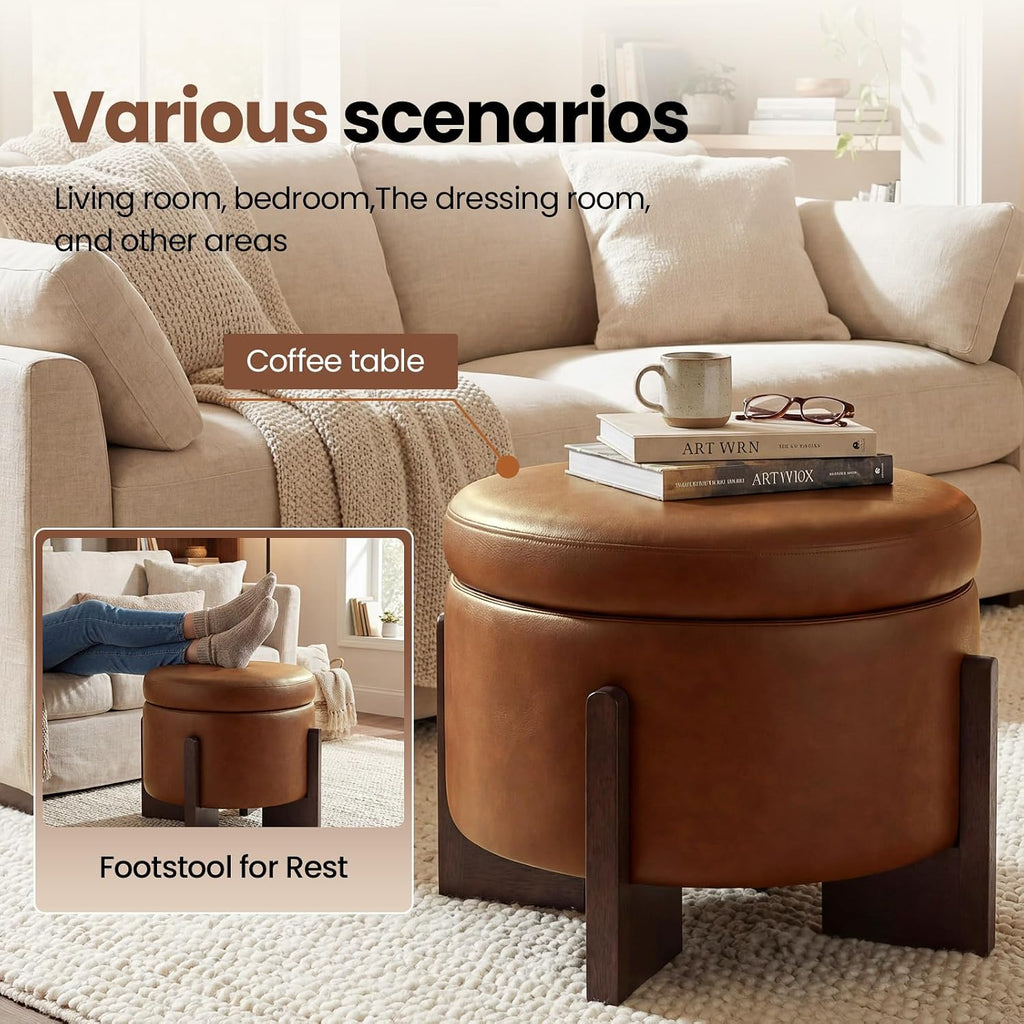 Leather Ottoman with Storage and Ash Wood Legs, Modern Foot Stool，Round Storage Ottoman Coffee Table for Living Room,Bedroom (Light Brown)