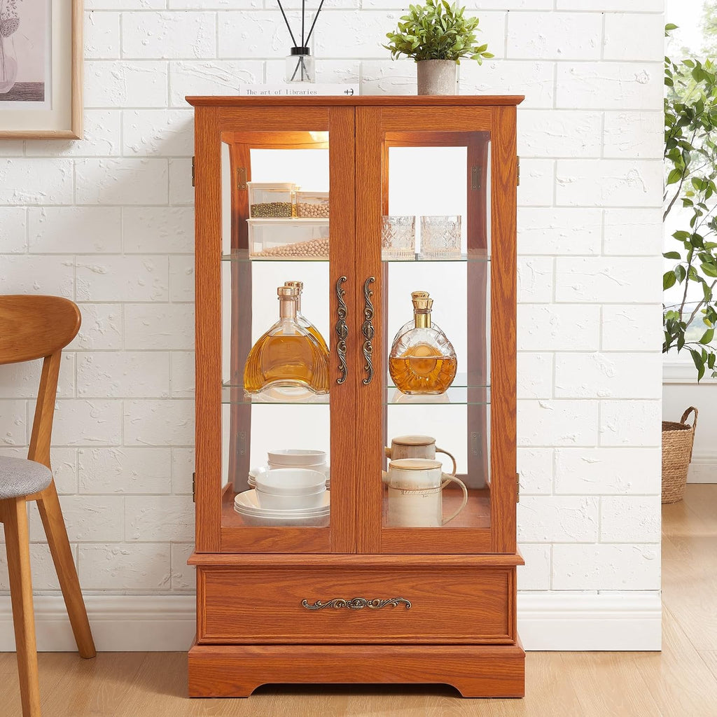 47" Lighted Glass Accent Curio Cabinet, 3-Tier Antique Storage Cage with Adjustable Shelves & Drawer, Acrylic Mirrored Pane, Light Blub Included, Small China Cabinet for Living Room/Kitchen (Dark Oak)