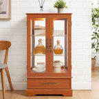 47" Lighted Glass Accent Curio Cabinet, 3-Tier Antique Storage Cage with Adjustable Shelves & Drawer, Acrylic Mirrored Pane, Light Blub Included, Small China Cabinet for Living Room/Kitchen (Dark Oak)