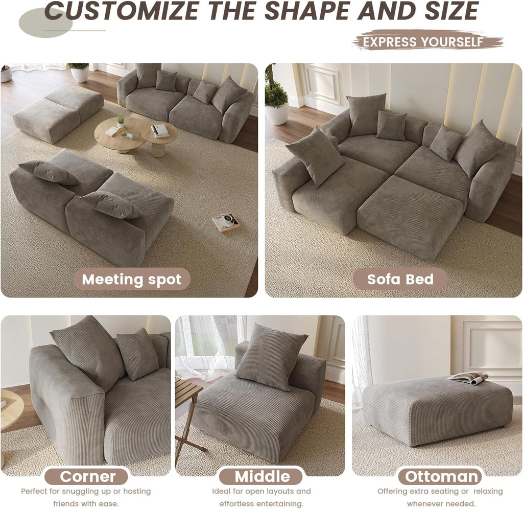 Sectional Couches for Living Room,102inch Cloud Couch Modular Sectional Sofa,Modern Corduroy Couch Love Seat,Cushion Covers Removable& Washable (Brown)