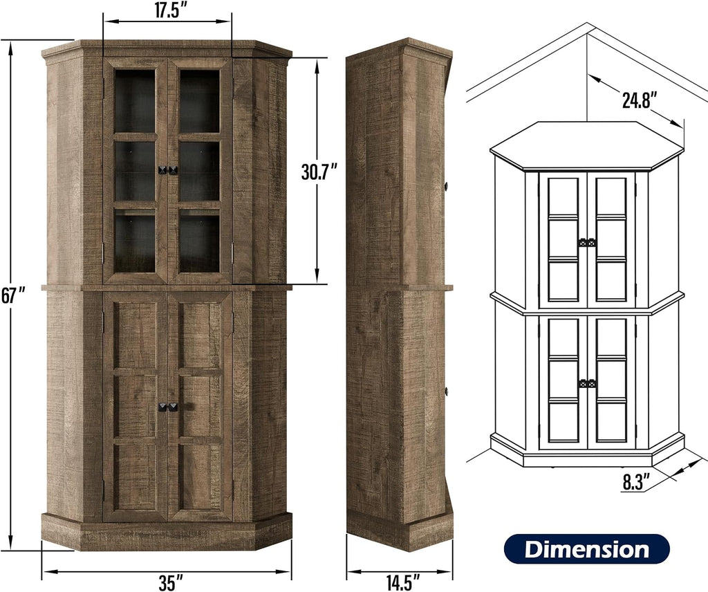 Betterhood Corner Cabinet, 67" Tall Kitchen Pantry Storage Cabinet with Glass Doors and Adjustable Shelves, Freestanding Food Pantry Farmhouse Furniture for Kitchen,Living Room, Rustic Brown