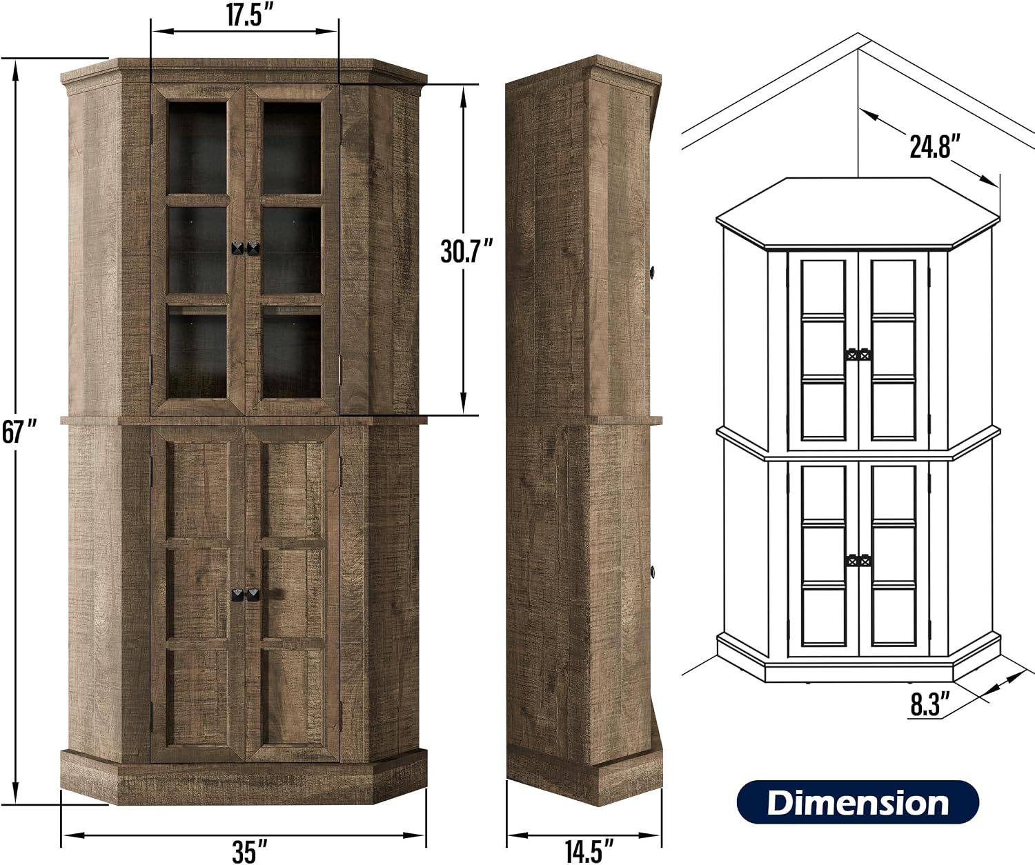 Betterhood Corner Cabinet, 67" Tall Kitchen Pantry Storage Cabinet with Glass Doors and Adjustable Shelves, Freestanding Food Pantry Farmhouse Furniture for Kitchen,Living Room, Rustic Brown