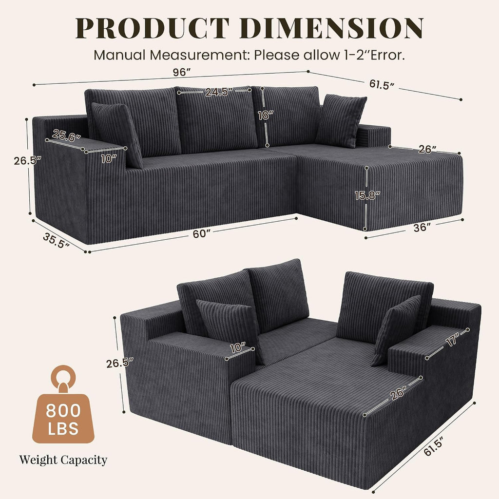 GRUSIGN Cloud Sectional Couches for Living Room, Modular L Shaped Couch with Deep Seat Oversized Right Facing Chaise, Memory Foam Compressed Spineless 3 Seater Sofa, Wide-Striped Grey