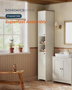 SONGMICS HOME 67-Inch Tall Bathroom Storage Cabinet, Superfast Toolless Assembly, 11.8-Inch Wide Slim Narrow Freestanding Cabinet with Adjustable Shelves, Kitchen Living Room, Rustic White