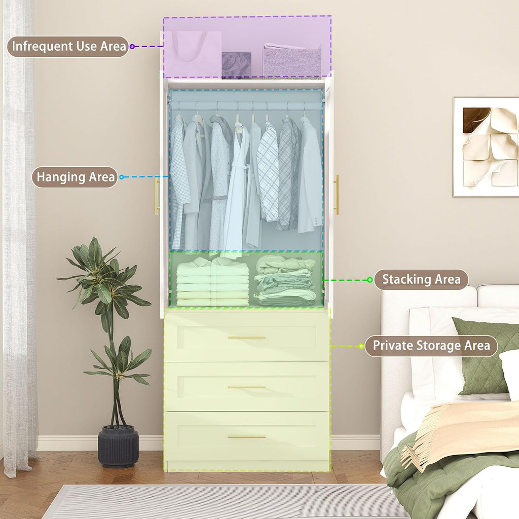 White Armoire Wardrobe Closet: 75" Large Wardrobe Closet with 6 Drawers, Bedroom Armoires with 4 Doors, Wooden Tall Closets Cabinet for Hanging Clothes (63")