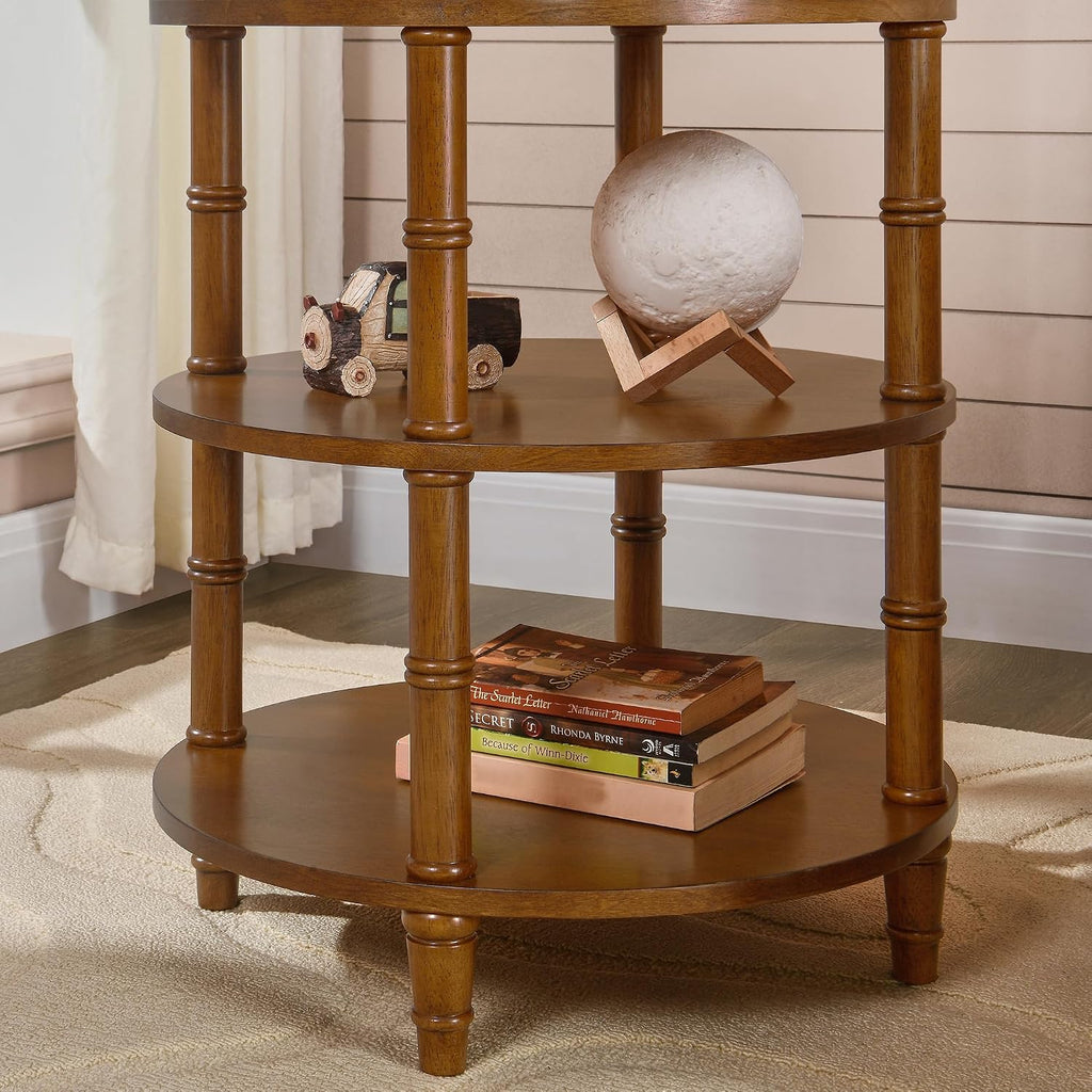 3-Tier Solid Wood Round End Table, Sofa Side Table with Open Storage Shelf Modern Oriental Nightstand Corner Table with Bamboo-Inspired Legs for Living Room Bedroom, Brown, 19.7" D x 23.6" H
