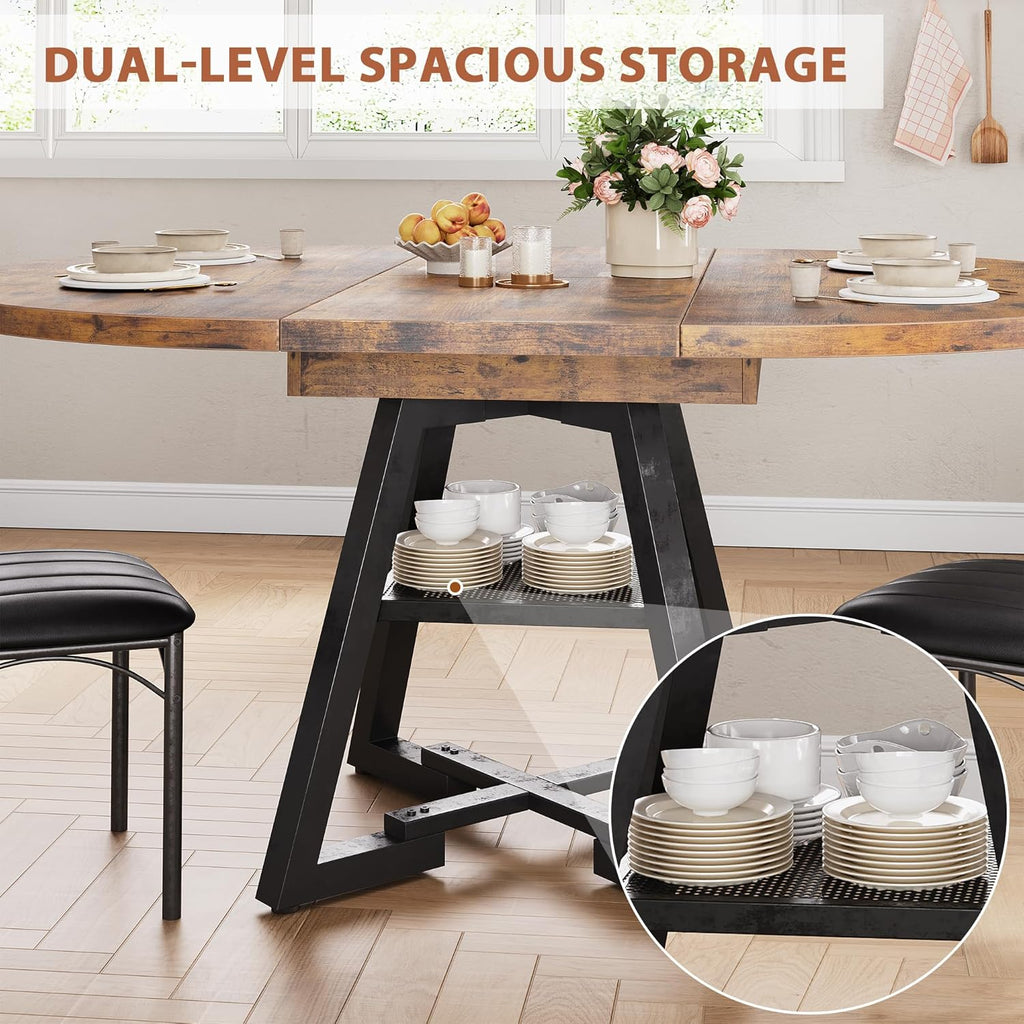43‘’-57‘’ Extendable Round Dining Table for 4-6, Modern Industrial Kitchen Oval Dining Table with Removable Leaves, Space Saving Pedestal Base with Storage Shelf for Kitchen Living Room (Rustic)