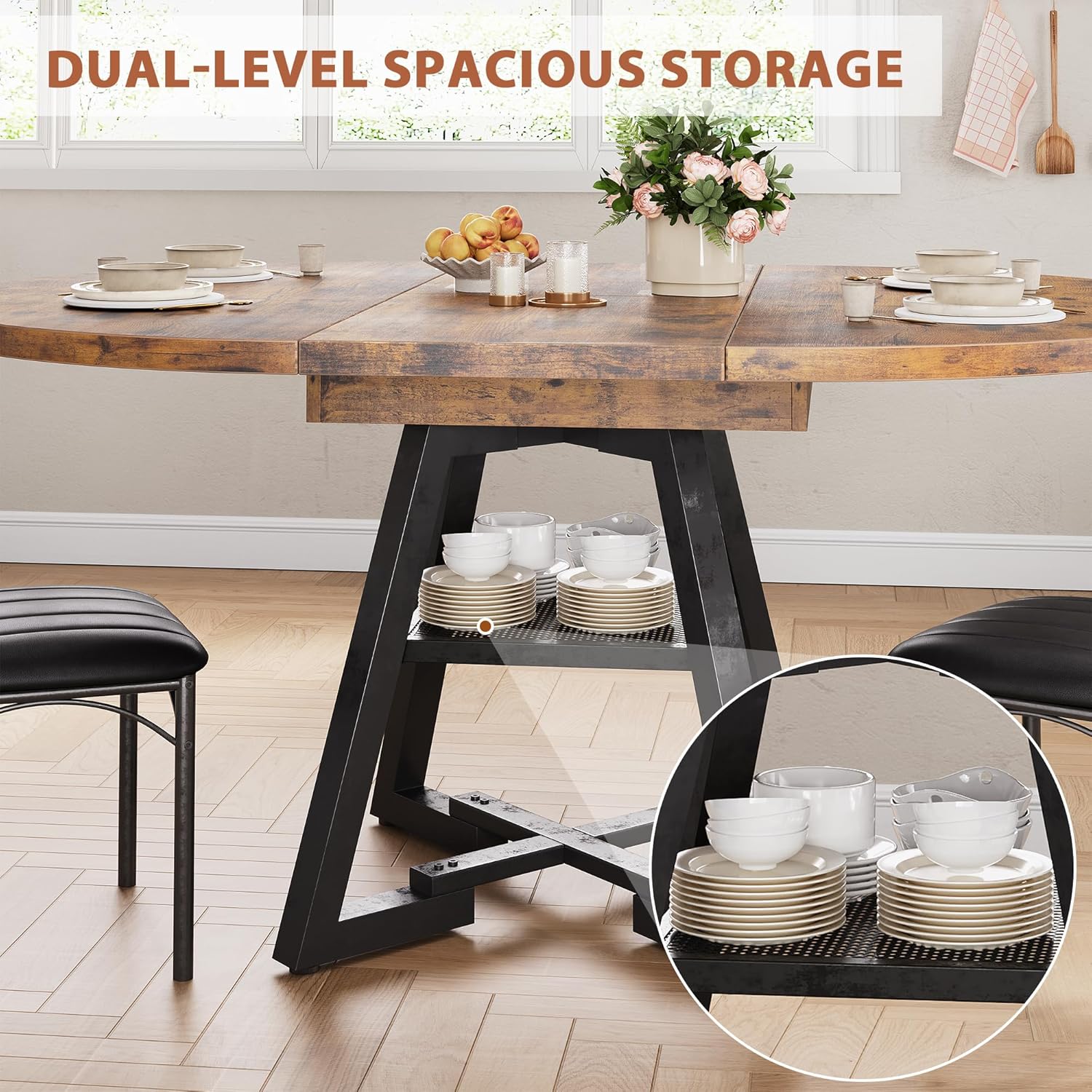 43‘’-57‘’ Extendable Round Dining Table for 4-6, Modern Industrial Kitchen Oval Dining Table with Removable Leaves, Space Saving Pedestal Base with Storage Shelf for Kitchen Living Room (Rustic)