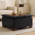 24 Inch Square Storage Ottoman Coffee Table, Modern Tufted Upholstered Ottoman with Flip Tray and Solid Wood Legs, Suitable for Living Rooms, Faux Leather Black