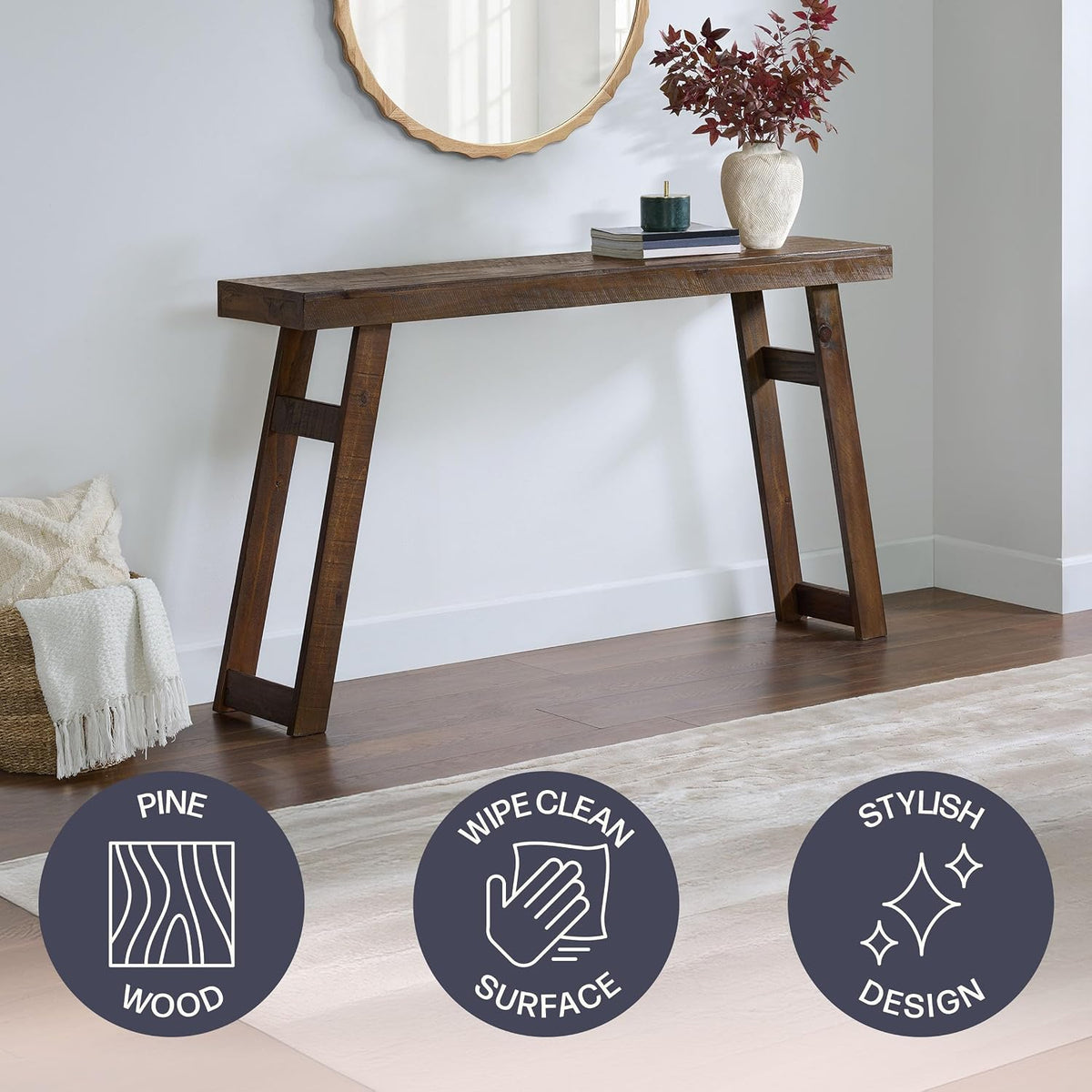 Alaterre Furniture Lawas Solid Wood Console Table, Brown, 56”x12”x32” | Modern Farmhouse Entryway Table, Easy Assembly Living Room Furniture for Behind the Couch, Entryway, or Hallway