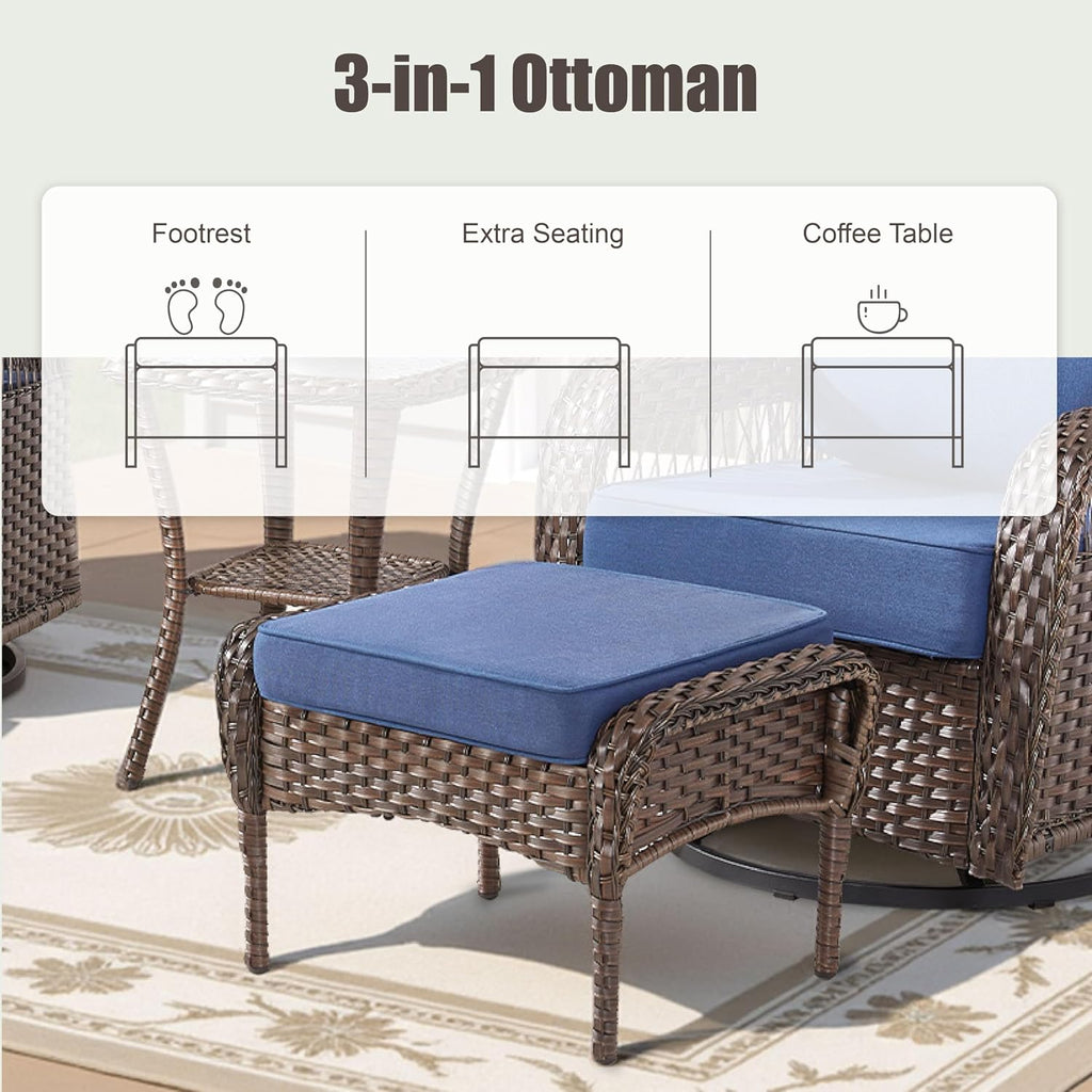 Outdoor Patio Ottomans Set of 2, Outdoor Wicker Footrest Seat with Removable Cushions, Patio Footrest Extra Seating for Deck Porch Sunroom Backyard, Blue