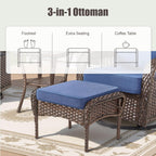 Outdoor Patio Ottomans Set of 2, Outdoor Wicker Footrest Seat with Removable Cushions, Patio Footrest Extra Seating for Deck Porch Sunroom Backyard, Blue