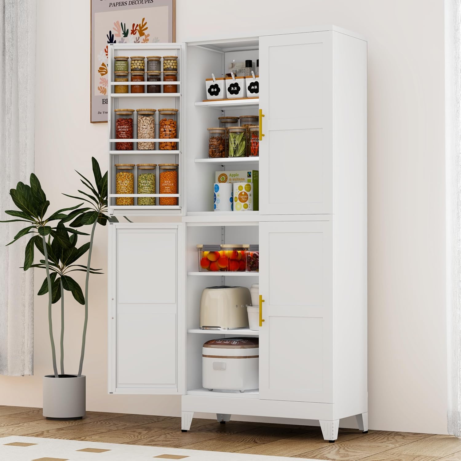 GAIOUS 74.8" Tall Metal Food Cabinet, White Kitchen Pantry Cabinet Cupboard | Food Storage, Kitchen Organizer, Storage Cabinet with 4 Door and 4 Adjustable Shelves, Steel Freestanding, for Dining Living