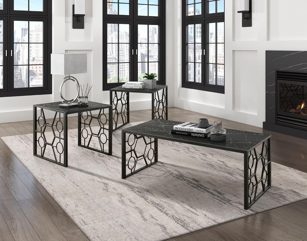 3-Piece Occasional Table Set with Marble-Print Glass Top | Includes 1 cocktail table and 2 end tables with fluted glass top