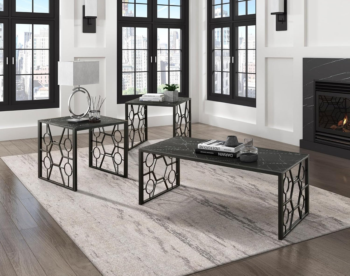 3-Piece Occasional Table Set with Marble-Print Glass Top | Includes 1 cocktail table and 2 end tables with fluted glass top