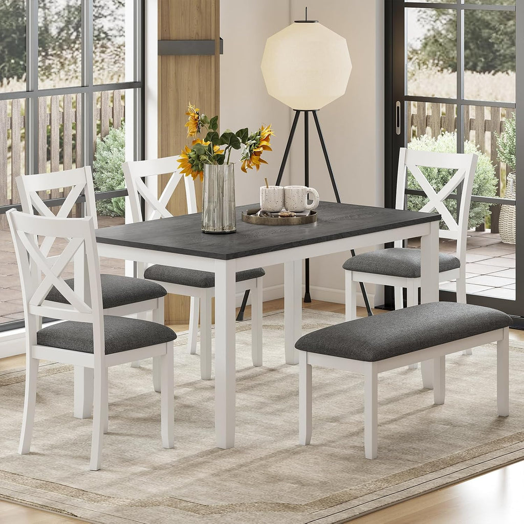 Zevemomo 6-Piece Solid Wood Dining Table Set, Wooden Legs, White | Including 1 Dining Table, 4 Upholstered Chairs and 1 Bench, Wooden Legs Dining Table Set for Dining Room, Kitchen, Restaurant